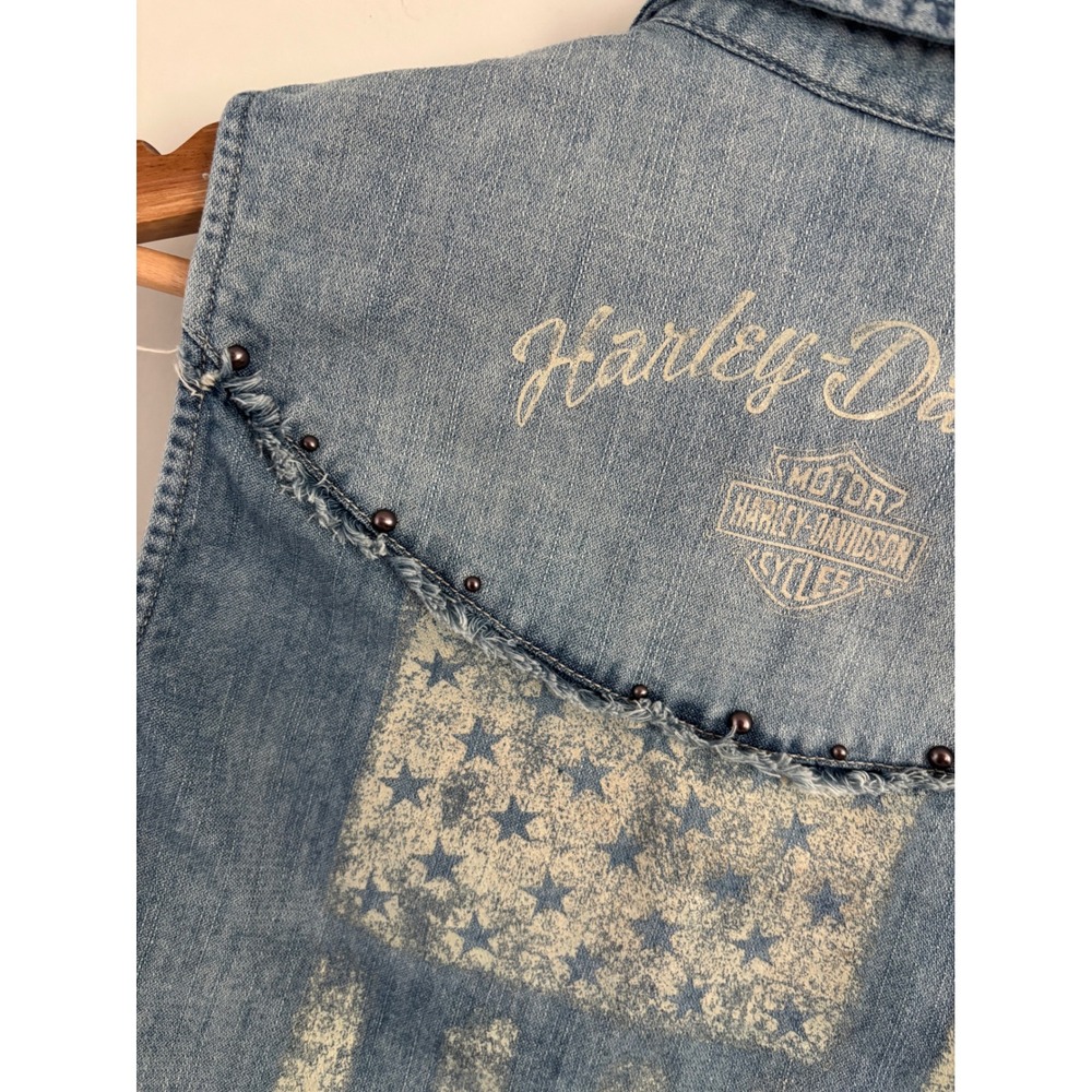 Harley Davidson Womens Denim Vest Light Wash American Flag Studded Frayed small - Picture 7 of 11